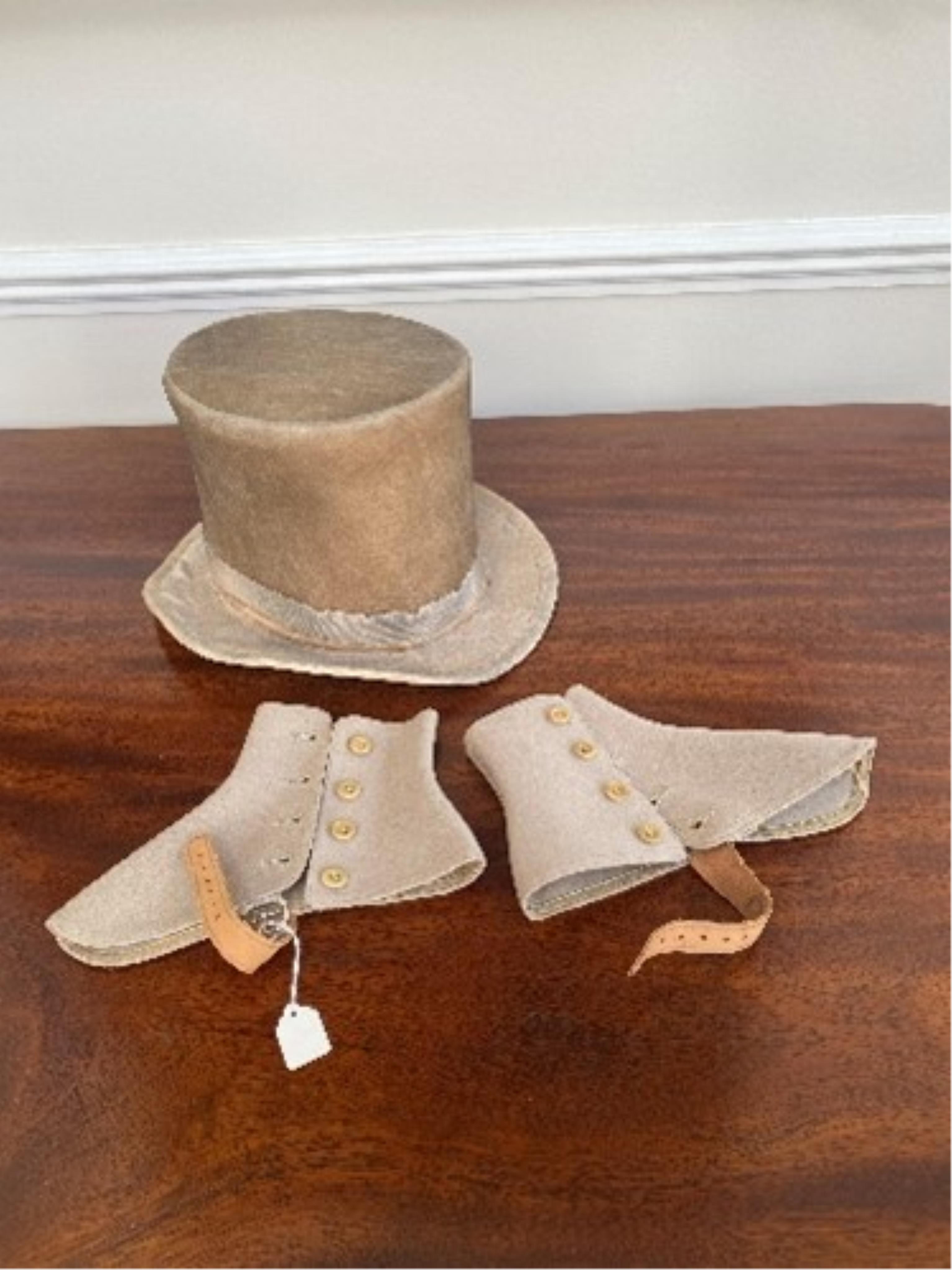 A light brown felt top hat (Label Royal Opera House) plus a pair of vintage spats and a selection of detachable collars and pair of braces